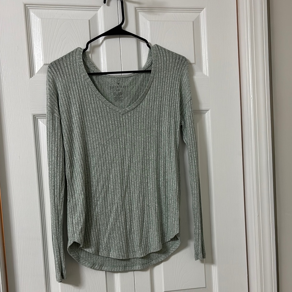 Women's Light Green Ribbed Long Sleeve Top